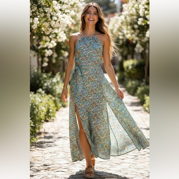 Silk & Salt Floral Halter Split Maxi Dress - Picture 1 of 15